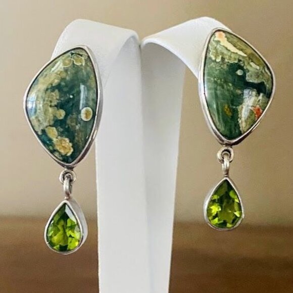 Echo of the Dreamer Rainforest Jasper & Peridot 950 Sterling Silver Dangle Earri - Picture 5 of 5